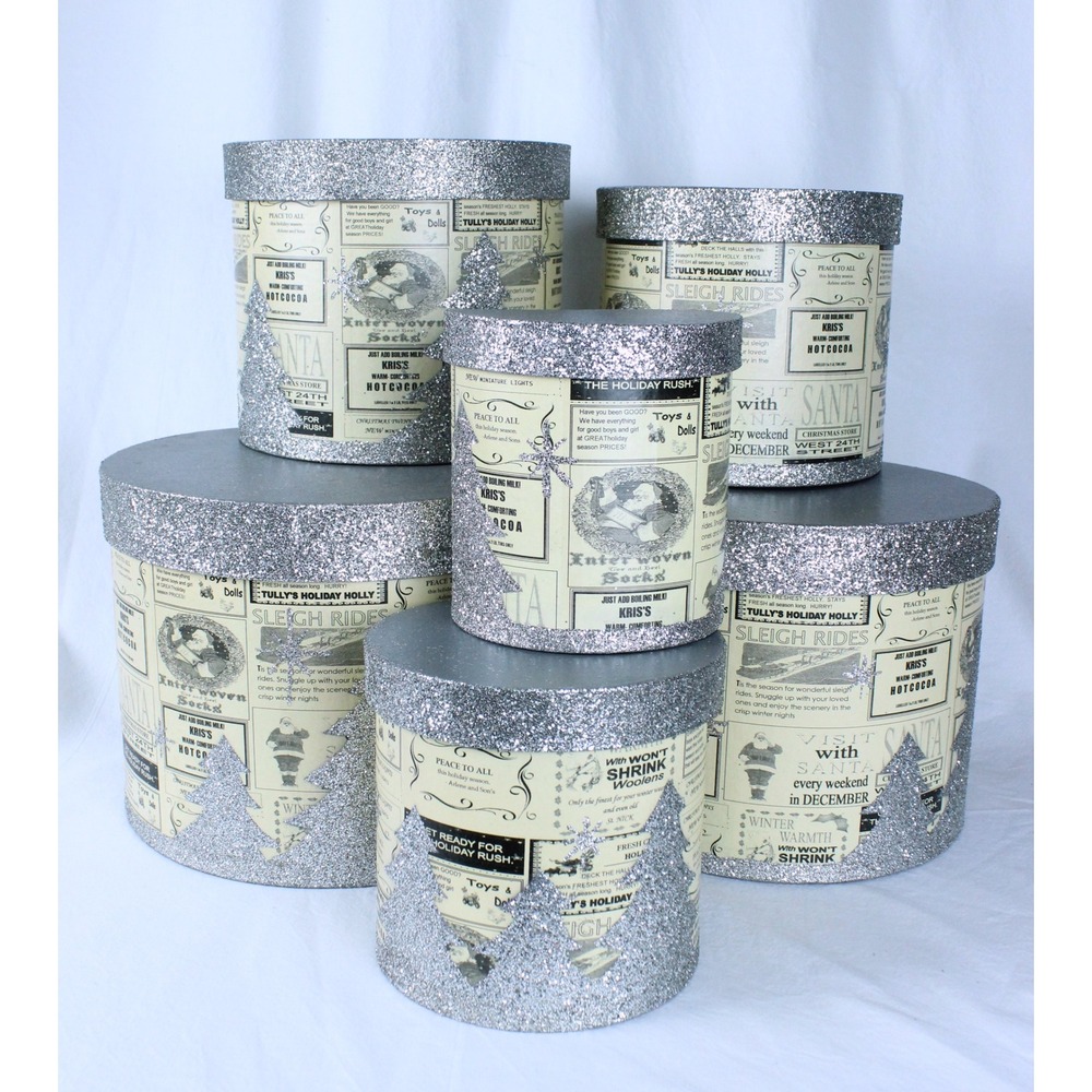 Vintage Style Christmas Nesting Gift Boxes Set of 6 Silver Glitter Newsprint